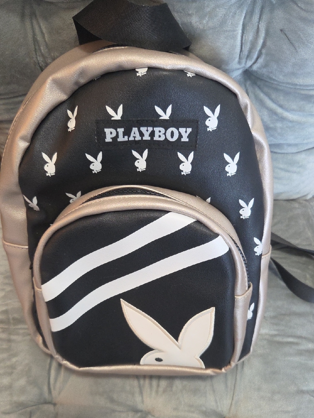 PLAYBOY Black and Champagne Bunny Print Mini Backpack